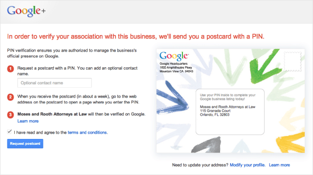 Google Verification Postcard