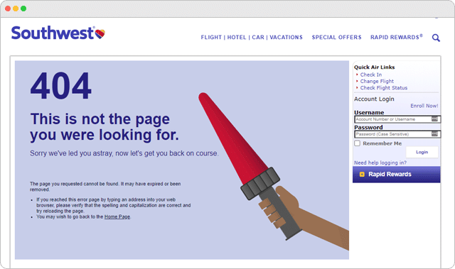 Southwest Airlines 404 Error page