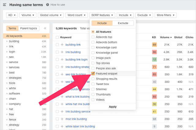 Ahrefs Keyword Explorer Featured Snippet