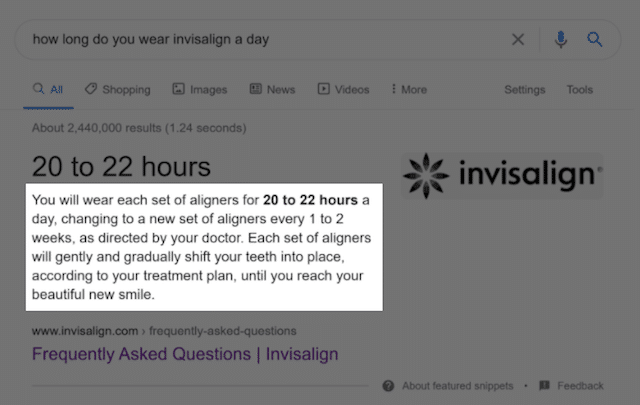 Invisalign FAQ Featured Snippet Result