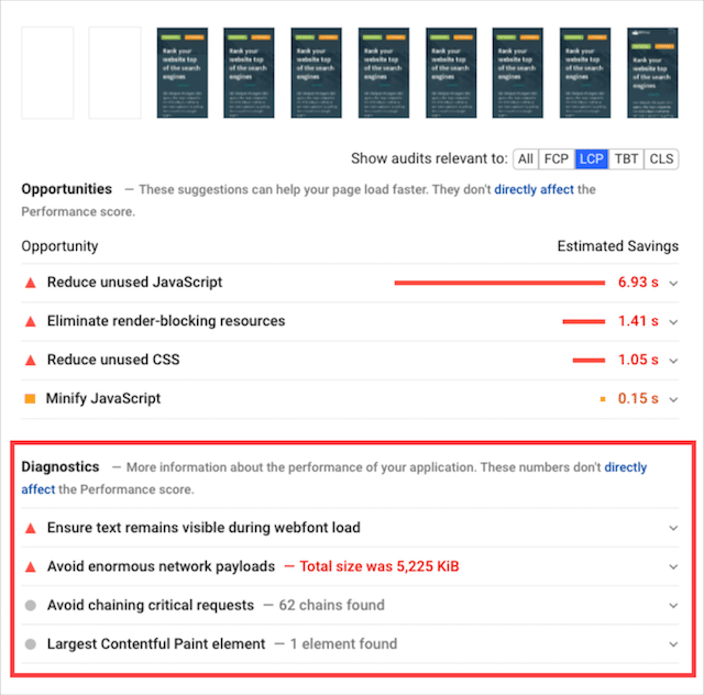 Largest Contentful Paint in Pagespeed Insights