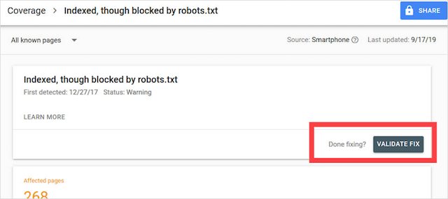 Indexed but blocked by robots.txt warning