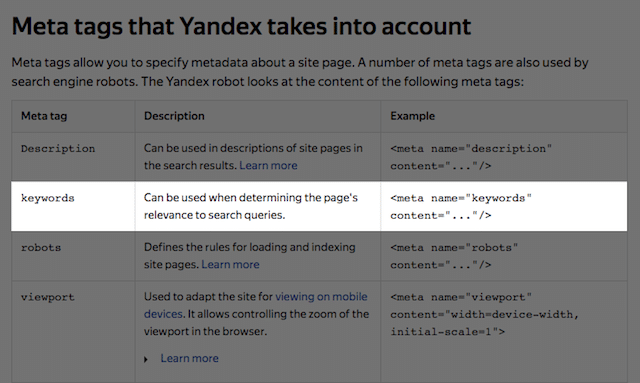 Yandex Keywords Meta Tag