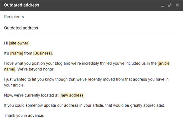 Outdated Address Citation Outreach Email