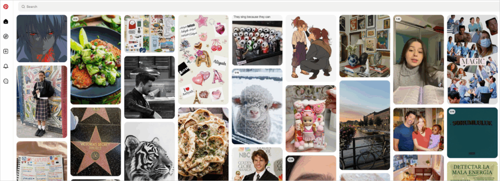Pinterest home feed displaying a mixed grid of Pins, recipes, fashion, art, and travel, under the search bar.