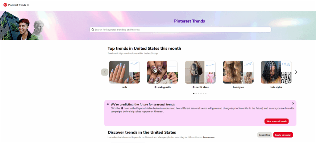 Pinterest Trends dashboard with a search bar and carousel of top U.S. trends like ‘nails,’ ‘spring nails,’ and ‘outfit ideas.