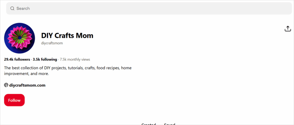 Pinterest profile ‘DIY Crafts Mom’ with keyword-rich name and bio describing DIY projects, tutorials, crafts, and recipes.