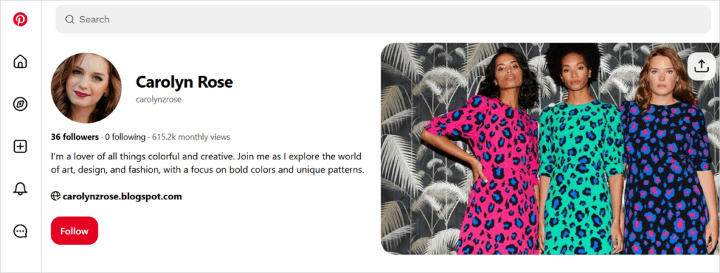 Pinterest profile page for ‘’ showing headshot, name, follower count, monthly views, bio, and website link.