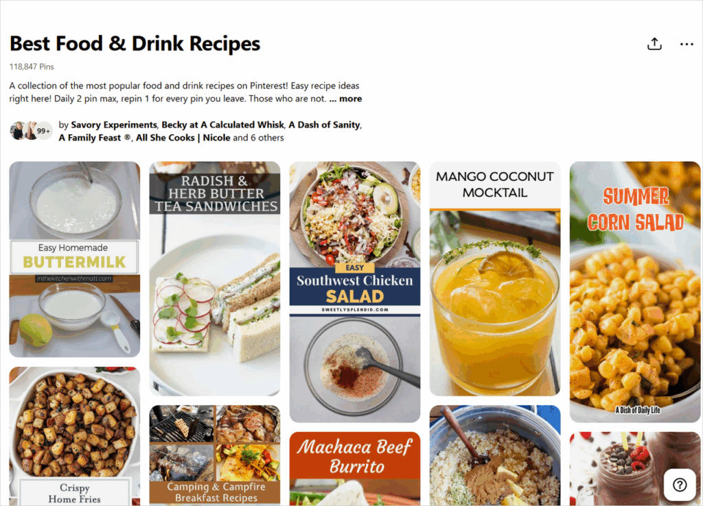 Pinterest board titled ‘Best Food & Drink Recipes’ with a grid of recipe Pins