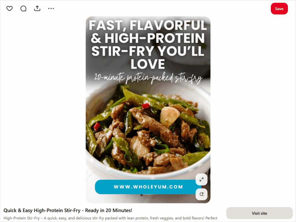 Vertical food pin featuring a plated stir-fry with bold headline text overlay.