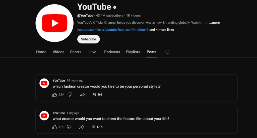 Screenshot of YouTube’s “Posts” tab showing community-style updates like polls and text posts from the official YouTube channel.