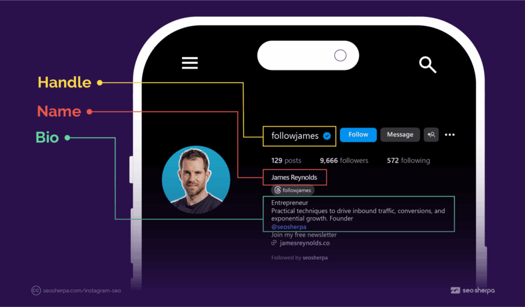 Image of instagram page with tags pointing at handle, name, Bio of page
