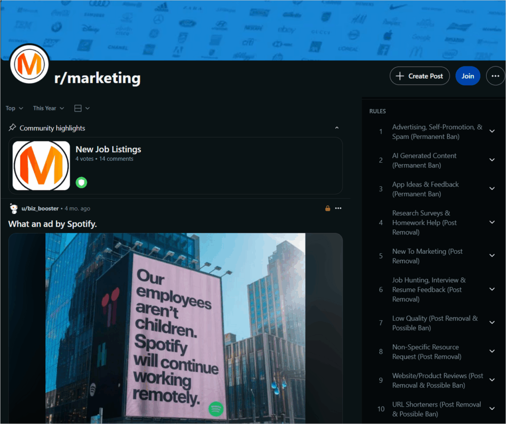 Screenshot of r/marketing subreddit with its rules panel visible.