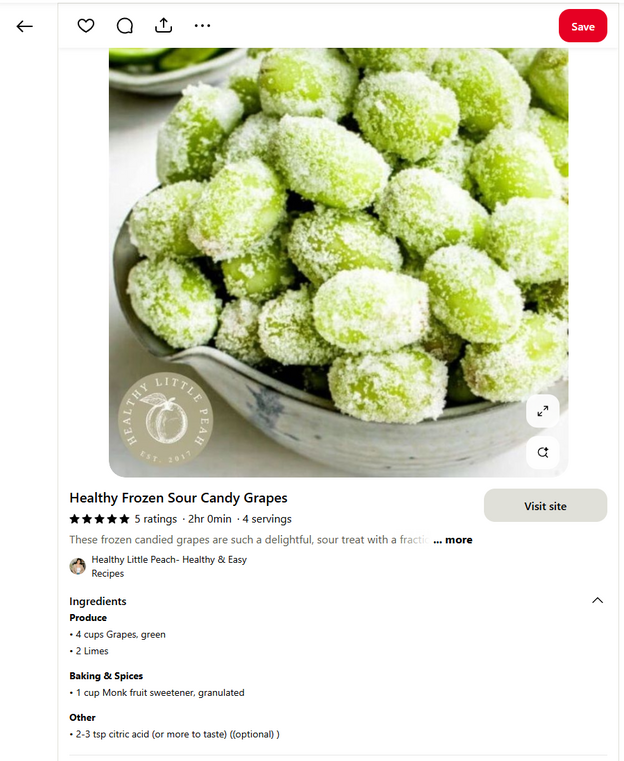Recipe Rich Pin for ‘Healthy Frozen Sour Candy Grapes  with ingredients and prep details listed underneath.