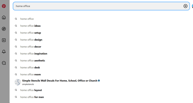 Pinterest search dropdown with suggestions such as ‘home office ideas,’ ‘home office setup,’ and ‘home office design