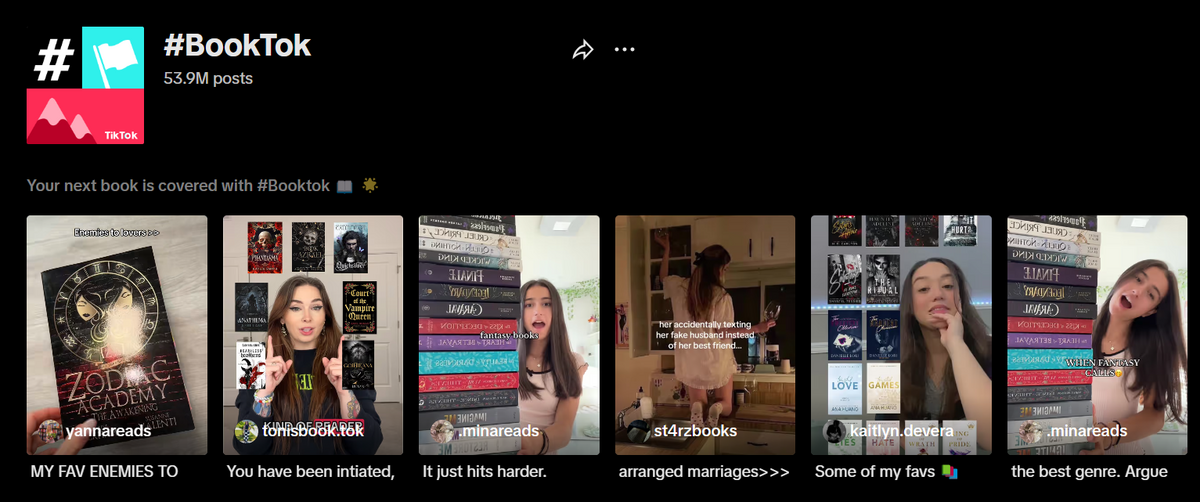 “TikTok #BookTok hashtag page with book-recommendation videos