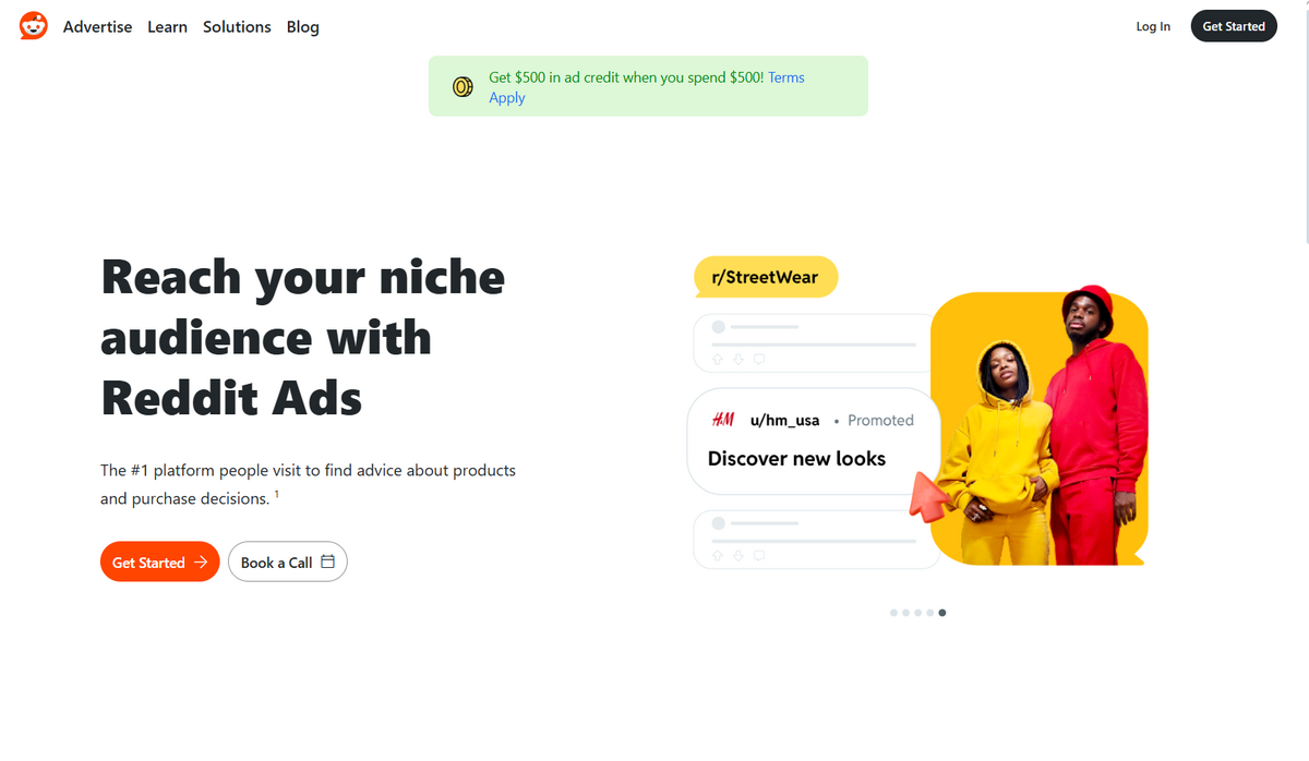 Reddit Ads homepage showing the headline ‘Reach your niche audience with Reddit Ads’ and a Get Started button.