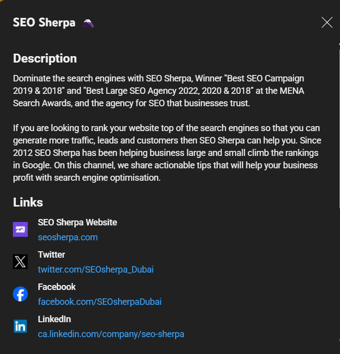 A well-optimized About section like this boosts YouTube SEO by reinforcing your niche with keywords and verified links