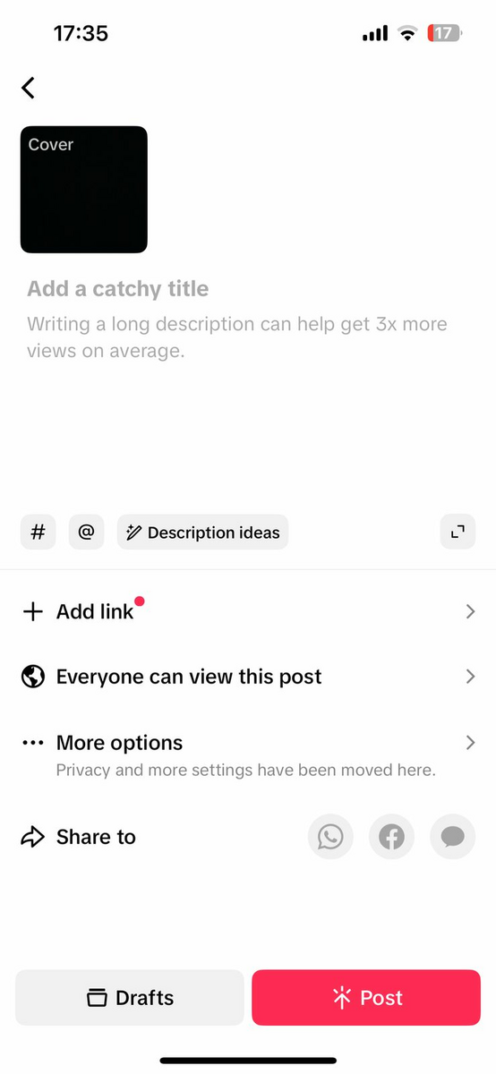 TikTok upload screen with ‘Add a catchy title’ field