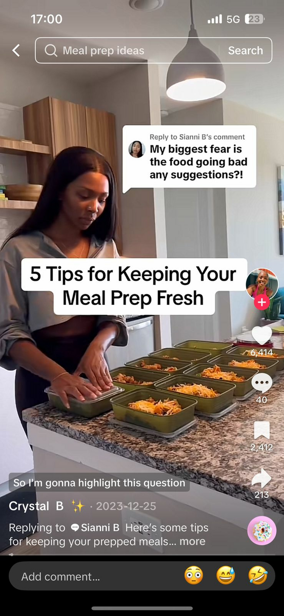 TikTok video with bold overlay ‘5 Tips for Keeping Your Meal Prep Fresh.’