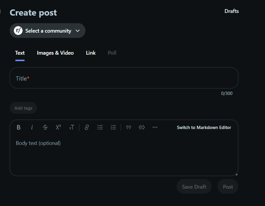 Reddit ‘Create post’ screen with title and body fields empty.