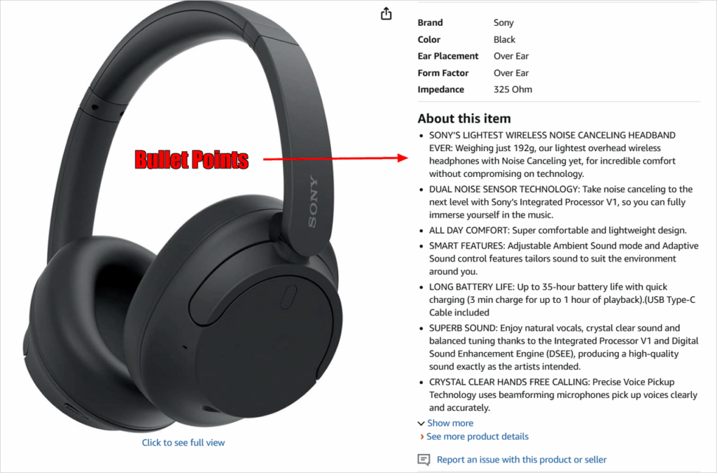 Annotated screenshot of an Amazon product page showing bullet points