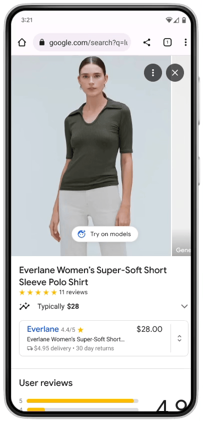 Mobile screen showing Google Shopping’s virtual try-on feature for apparel. A selected model wearing an Everlane black polo shirt is displayed, with a row of selectable models in different sizes below.