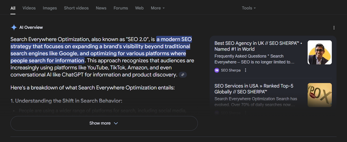 Screenshot of Google’s Search Generative Experience (SGE) showing an AI-generated summary for “Search Everywhere Optimization” with related clickable results on the right.