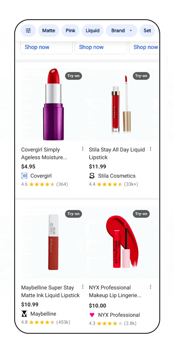 Mobile screen displaying Google Shopping’s AR beauty try-on feature, showing a woman virtually wearing  lipstick. Below the preview, various shades are selectable for real-time visualization.