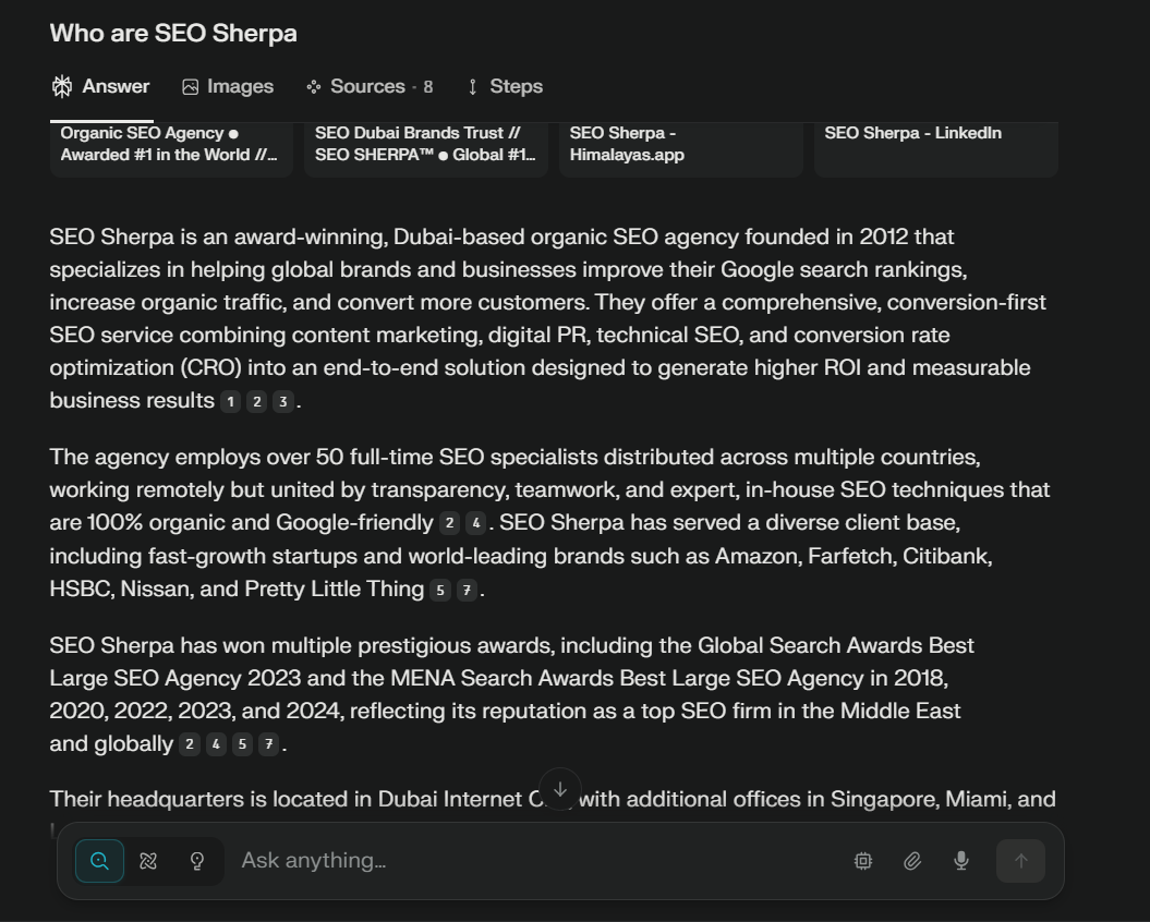 Screenshot of a Perplexity AI result page answering “Who are SEO Sherpa,” with a detailed response and linked citation cards at the top.