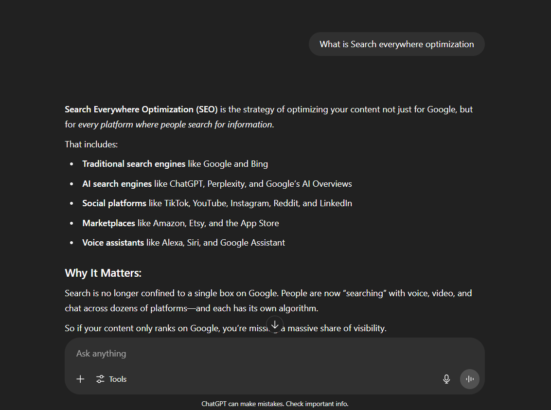 Screenshot of ChatGPT answering a query about Search Everywhere Optimization