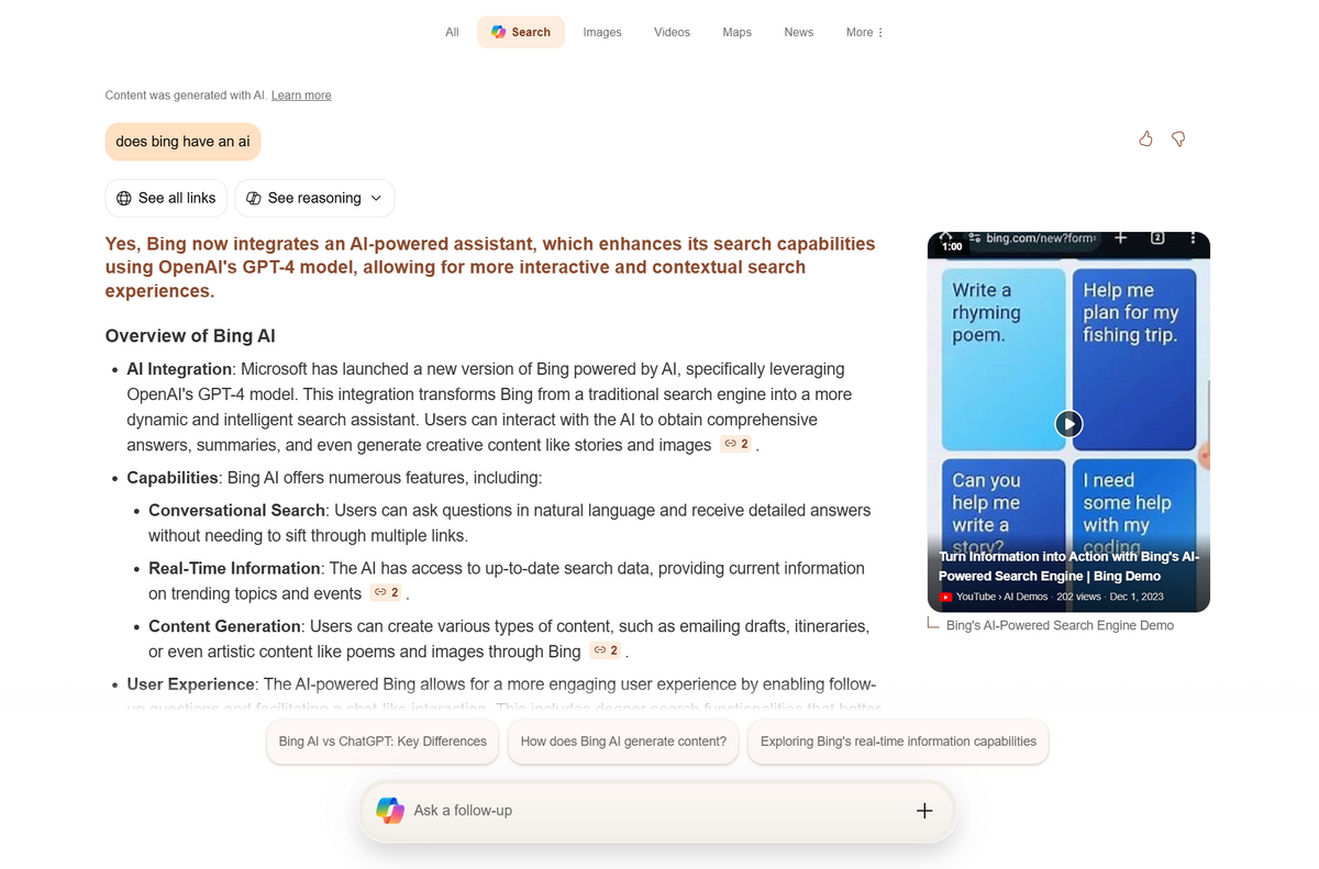 Screenshot of Bing AI overview page explaining Bing’s integration with OpenAI’s GPT-4 for conversational search, real-time information, and content generation, alongside an embedded video demo.