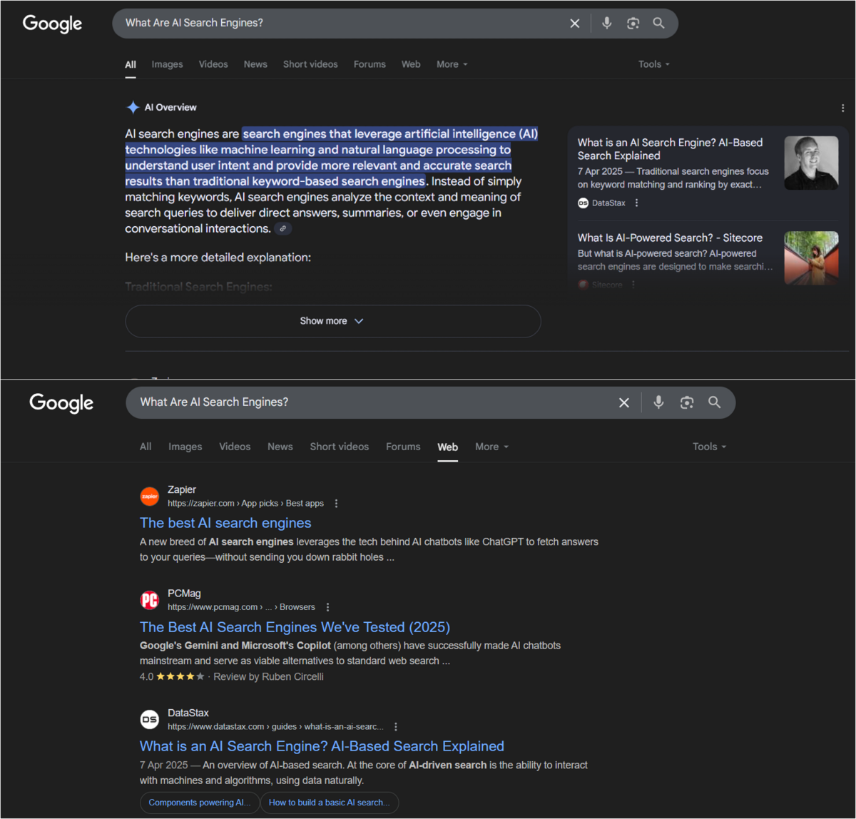 Side-by-side screenshot comparing Google’s AI-generated overview (SGE) with a traditional search engine results page (SERP) for the query “What Are AI Search Engines?”
