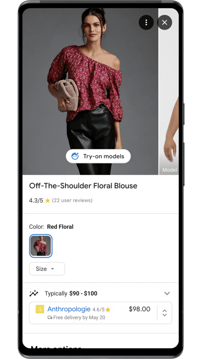 Mobile screen showing Google Shopping’s virtual try-on feature with color filters selected