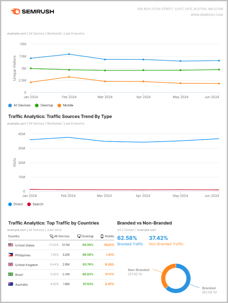 A SEMrush traffic analytics dashboard showing trends in device usage, traffic sources, top countries, and branded vs. non-branded traffic for example.com from January to June 2024.