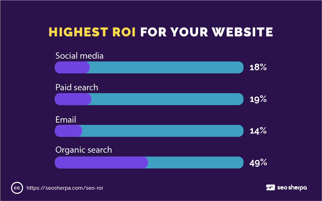 Horizontal bar chart showing ROI by marketing channel: Organic Search leads at 49%, followed by Paid Search (19%), Social Media (18%), and Email (14%).