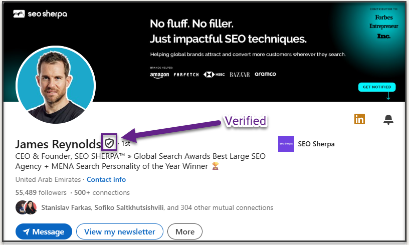 example of a verification badge on a LinkedIn profile